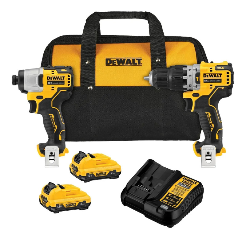 Kit Brushless (Sin Carbones) DeWalt Taladro Percutor + Atornillador 12v + 2 baterías + Cargador + Gancho y Bolso