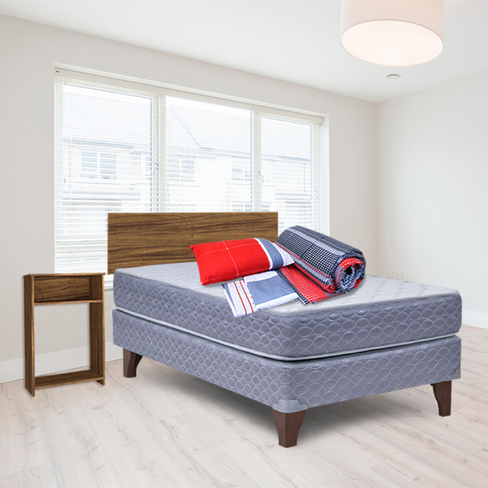 Combo Cama Europea Celta 1,5 Plazas New Atlantis + Set Maderas Nogal Casanova + Set Textiles