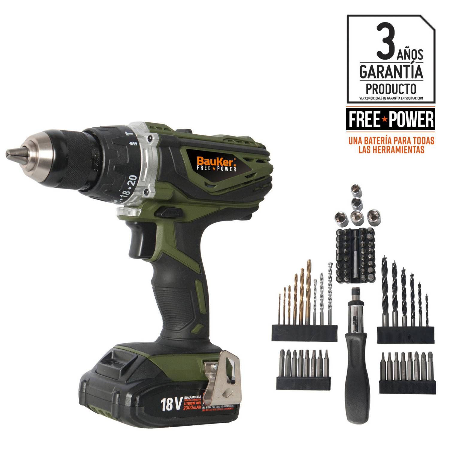 Taladro Percutor Inalámbrico Bauker 13mm 18V + 1 batería + 70 accesorios