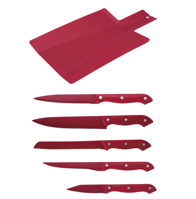 Set 5 Cuchillos Antiadherente + Tabla Corte Rojo Milky