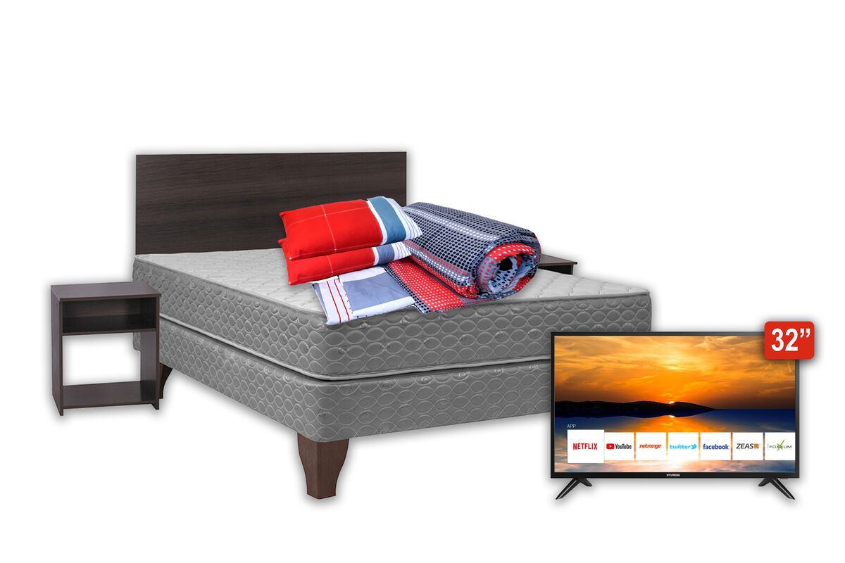 Combo Cama Europea Celta 2 Plazas New Atlantis + LED 32" Hyundai Smart TV + Respaldo + 2 Veladores + Set Textiles + 2 Almohadas