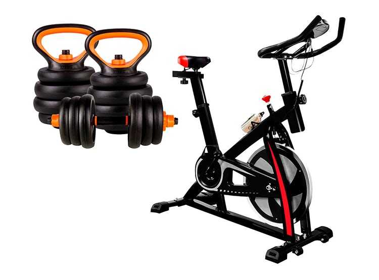 Pack Bicicleta Spinning Fitness + Set Pesas 20 Kg Kettlebel