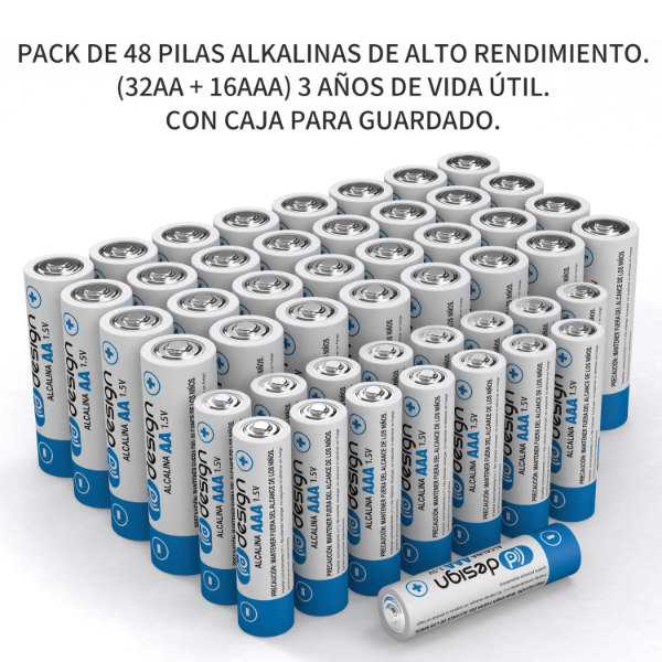 Pack 48 Pilas Alcalinas 32AA + 16AAA + Caja Plástica Para Almacenar