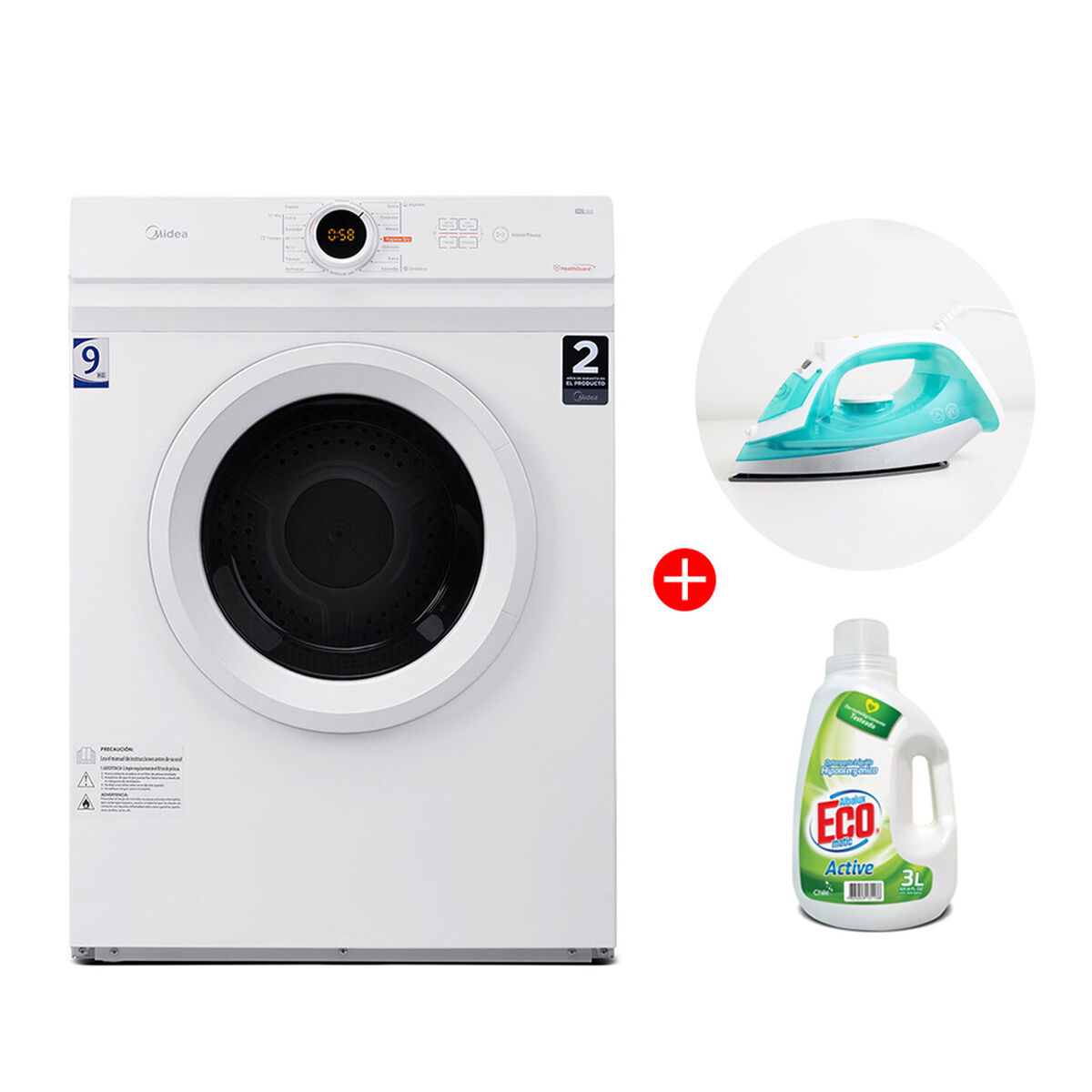 Combo Secadora Midea 9 kg. + Plancha A Vapor Hyundai + Detergente Albalux Eco Matic 3 lts.