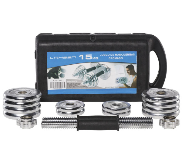 Set De Mancuernas Acero Lahsen Cromado 15 Kg