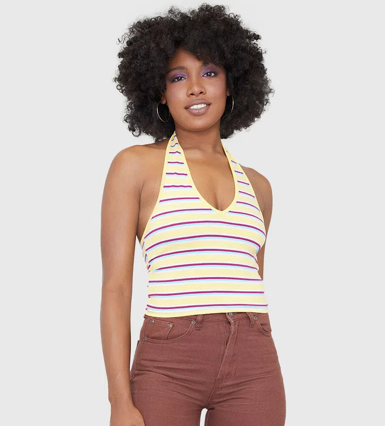 Polera Cuello V S/M Amarillo Rayas - Mujer