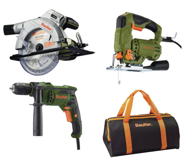 Kit Bauker Taladro Percutor 13mm 650W + Sierra Circular 1300W + Sierra Caladora 600W + Bolso